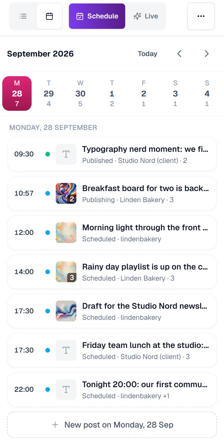 The calendar in a phone browser: one day's posts with their accounts and status
