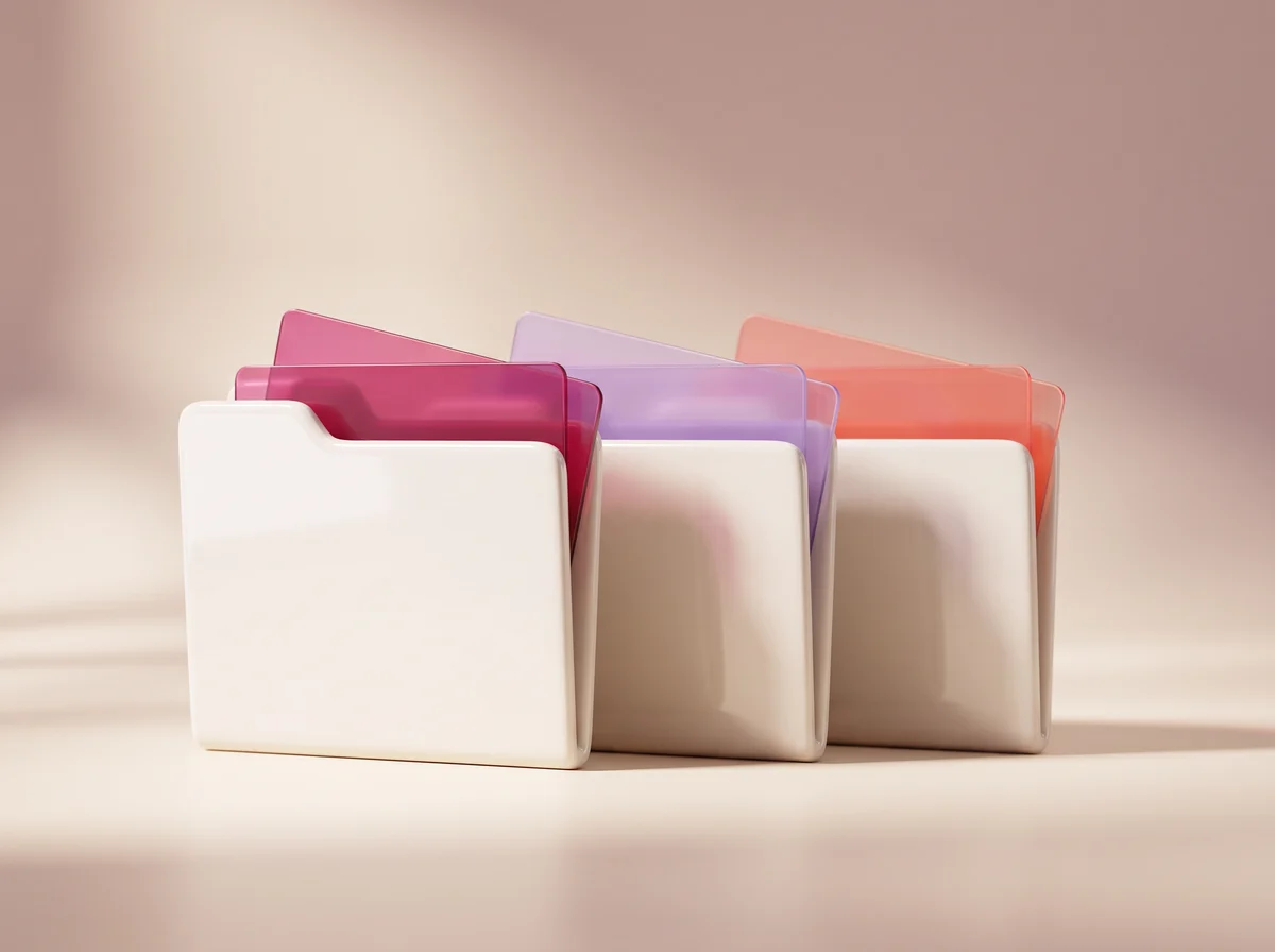 Three client folders, each holding its own set of colored post cards