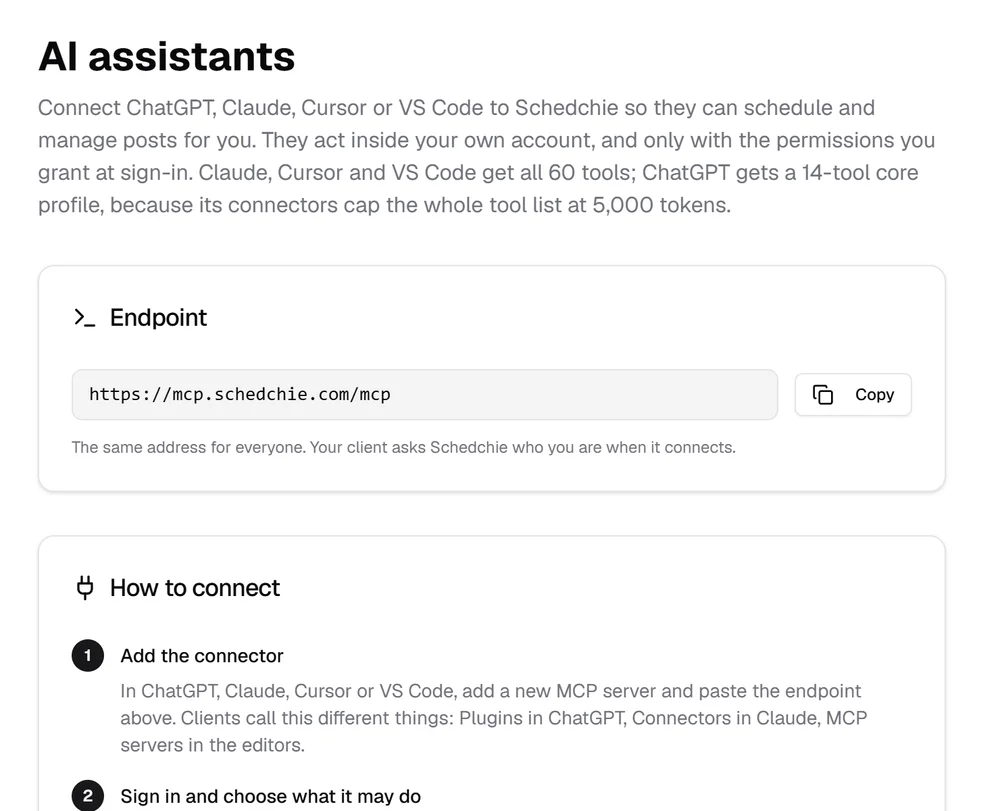 The AI assistants page in the Schedchie dashboard: the endpoint to copy and the three steps to connect