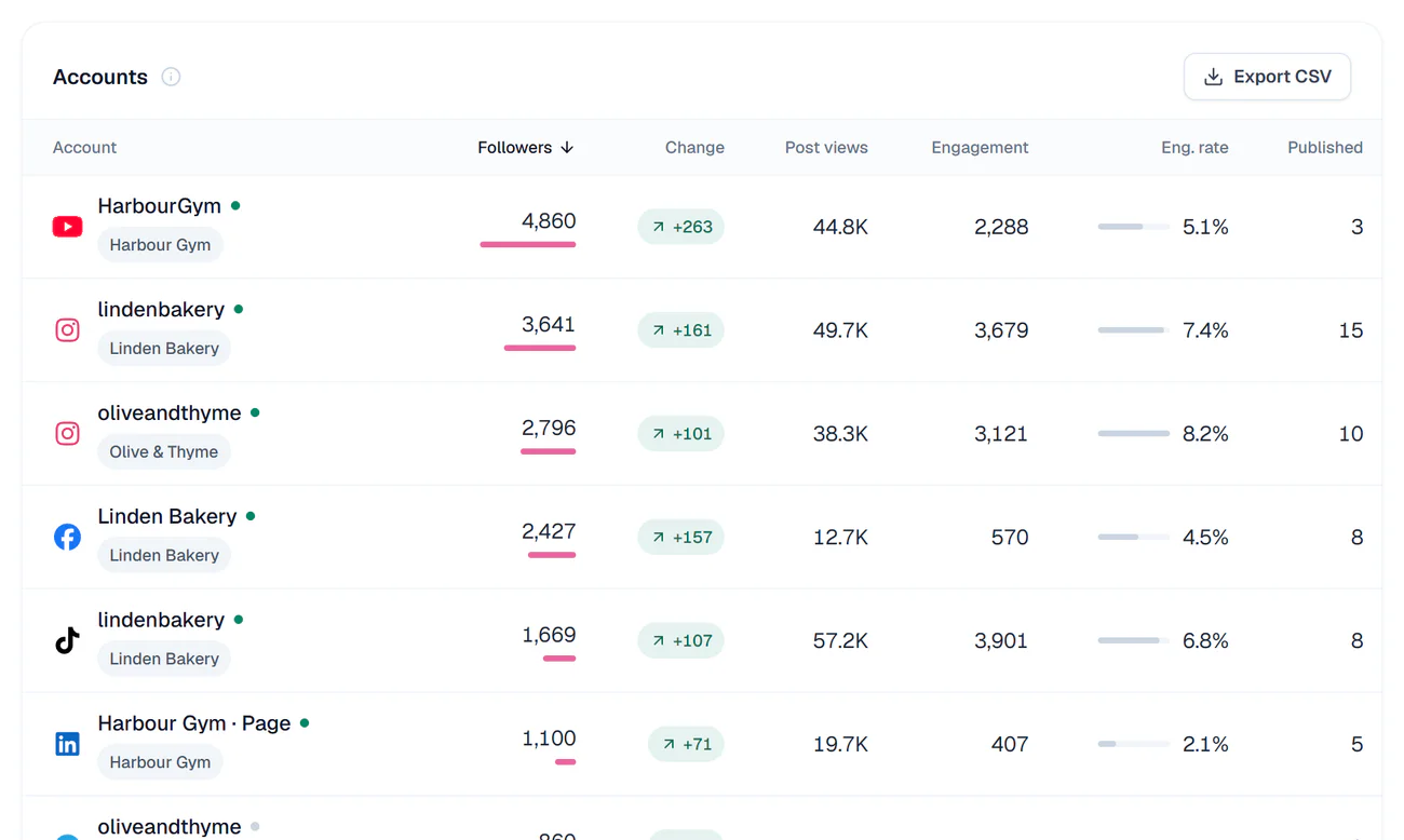 The Accounts table in Analytics: every account with followers, change, post views, engagement, engagement rate and posts published, and Export CSV