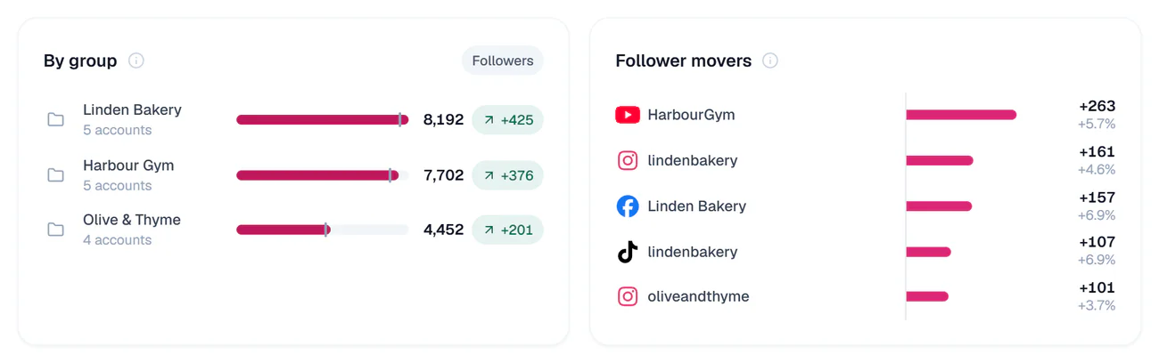 Followers by client Group, and the accounts that gained the most followers