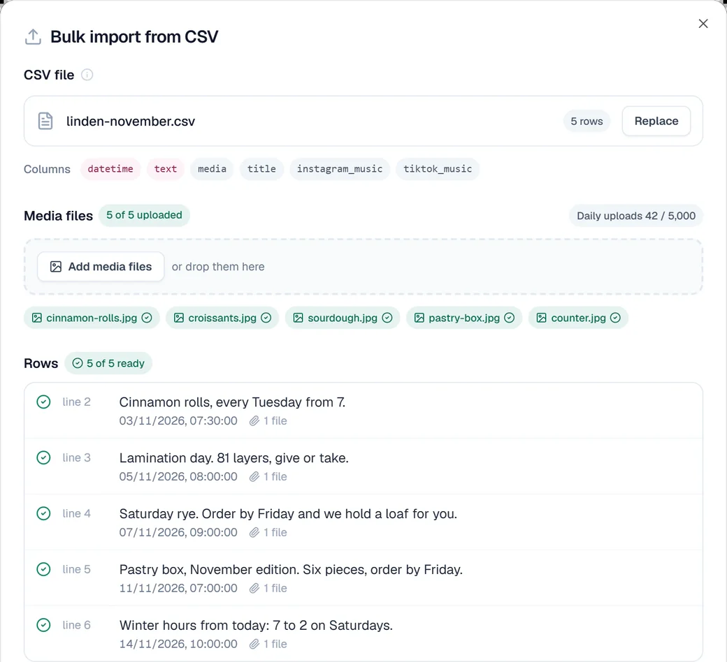Schedchie's bulk import: a CSV of five posts with their media files matched, every row checked and ready.