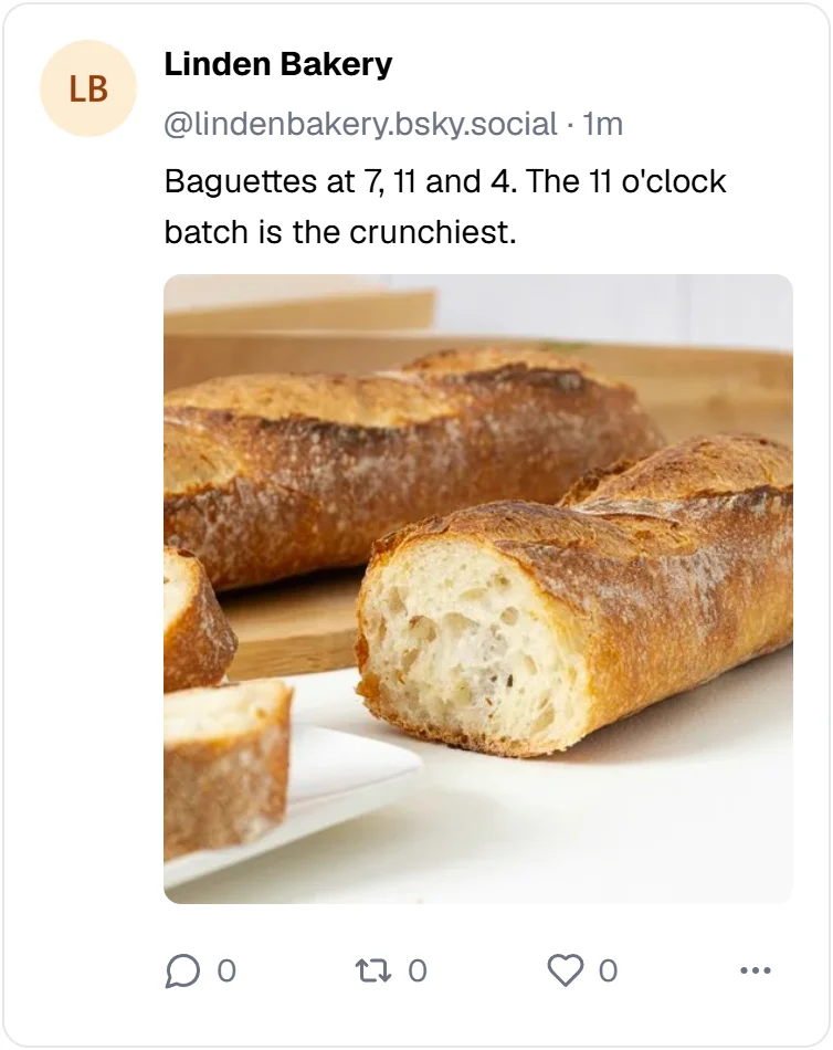A Linden Bakery post in the Schedchie composer's Bluesky preview