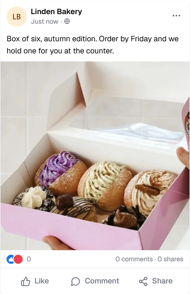 A Linden Bakery post in the Schedchie composer's Facebook preview