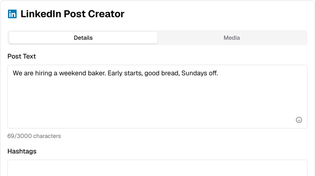 The LinkedIn panel of the Schedchie composer, with the post's text and its LinkedIn character count