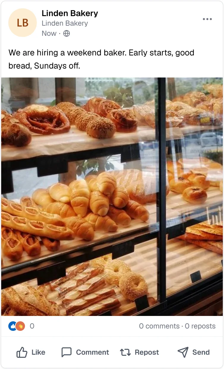 A Linden Bakery post in the Schedchie composer's LinkedIn preview