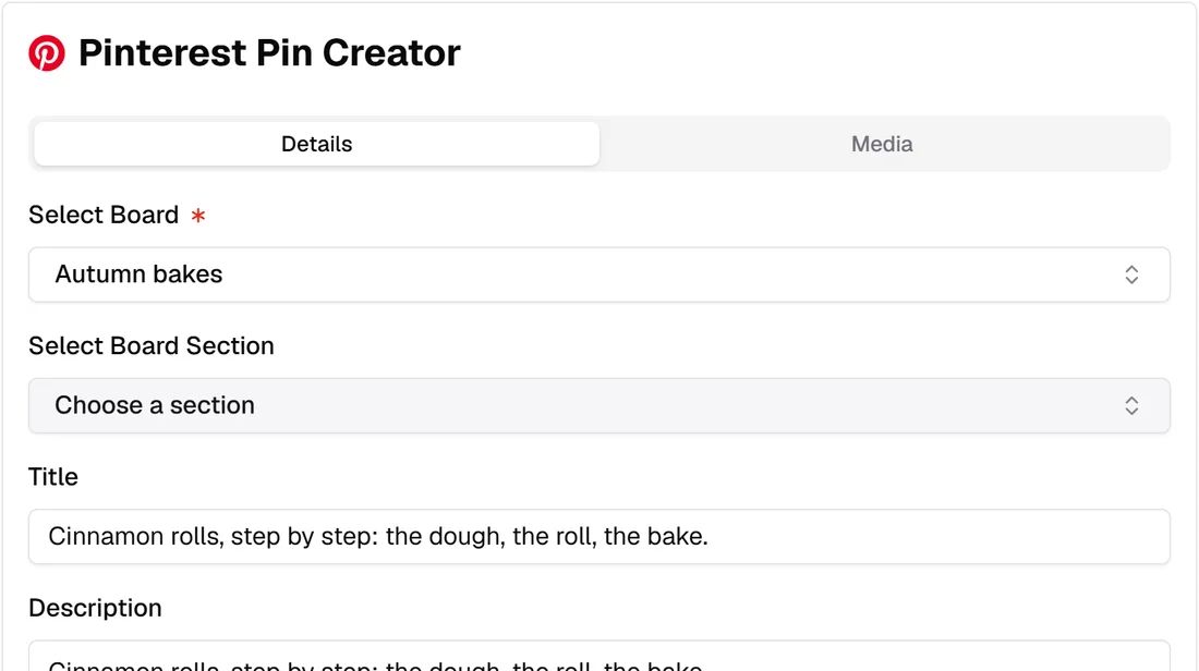 The Pinterest panel of the Schedchie composer, with the post's text and its Pinterest character count