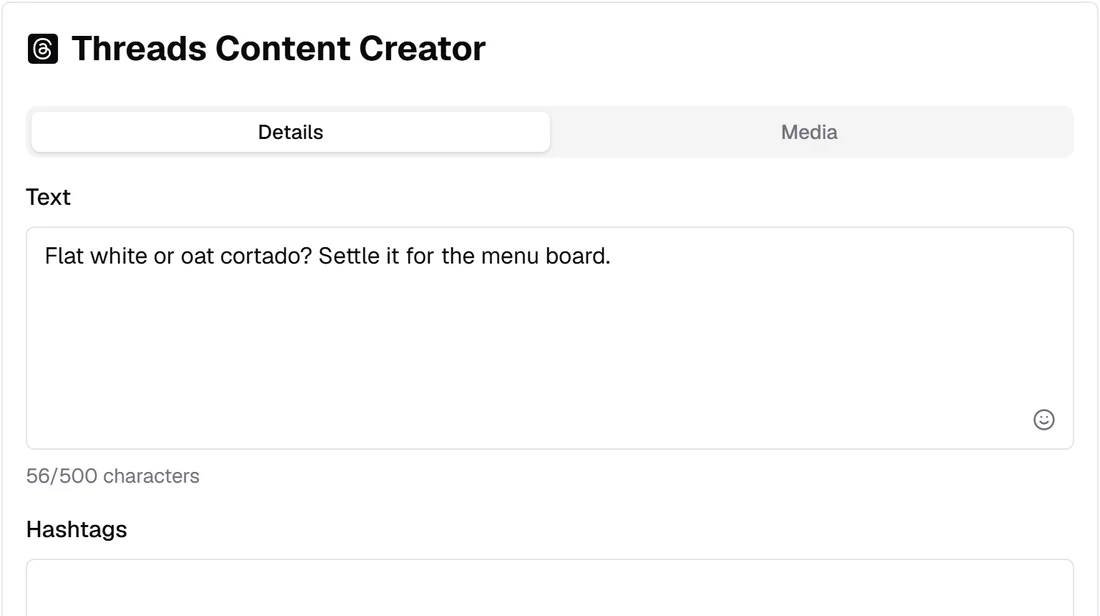 The Threads panel of the Schedchie composer, with the post's text and its Threads character count