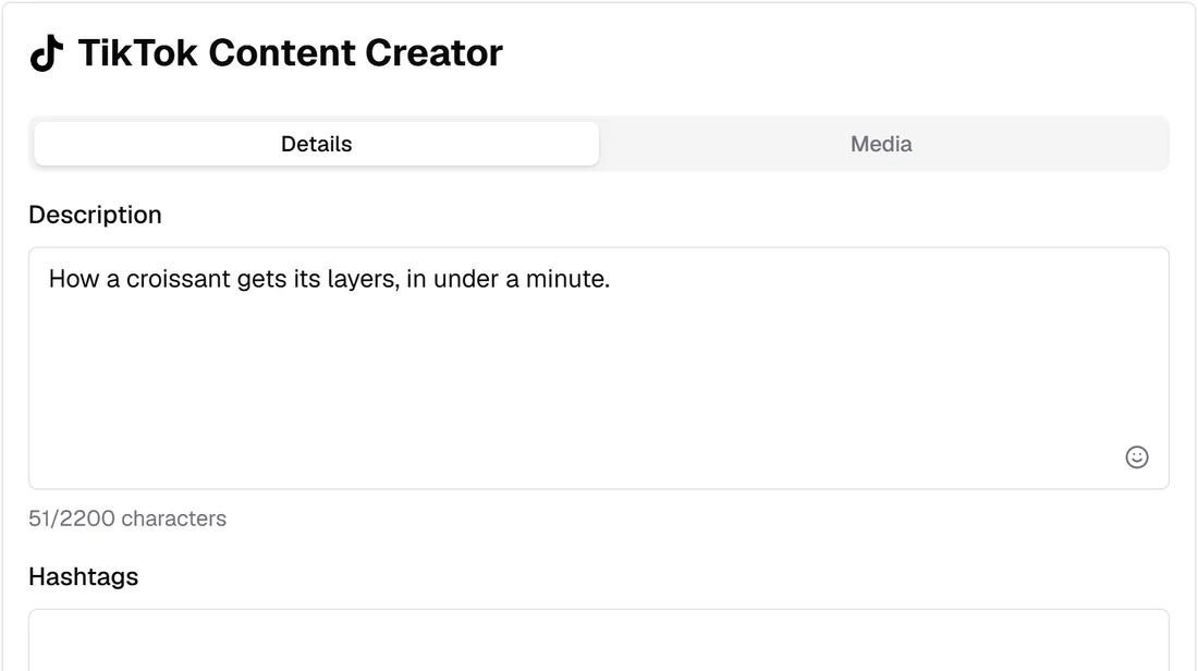 The TikTok panel of the Schedchie composer, with the post's text and its TikTok character count