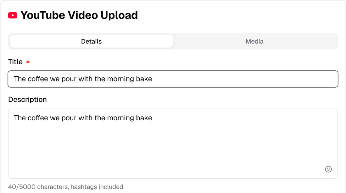 The YouTube panel of the Schedchie composer, with the post's text and its YouTube character count