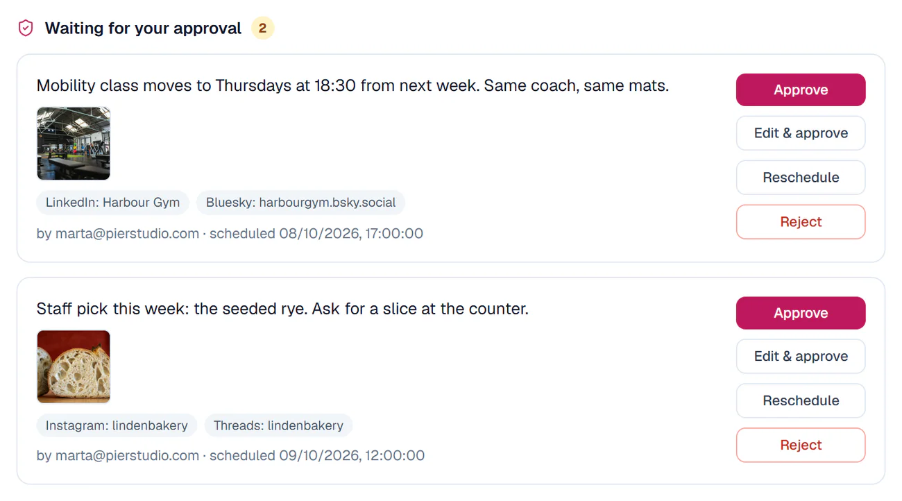 Waiting for your approval: two posts from a teammate, each with Approve, Edit & approve, Reschedule and Reject