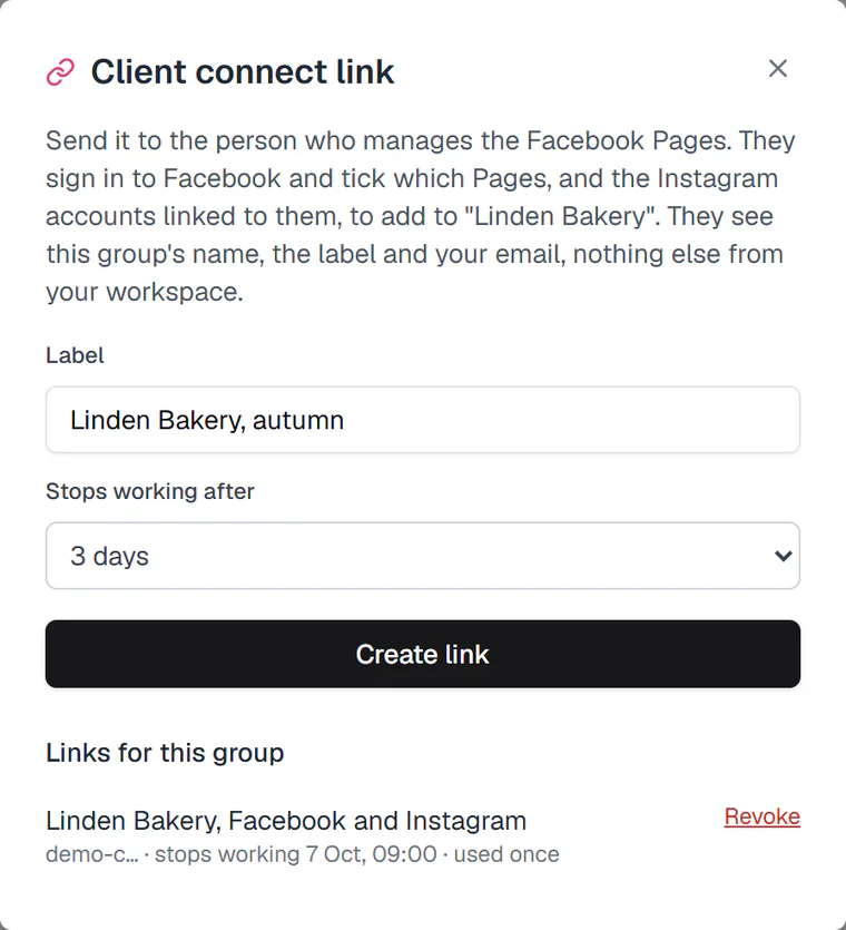 Creating a client connect link for the Linden Bakery Group, with how long it works