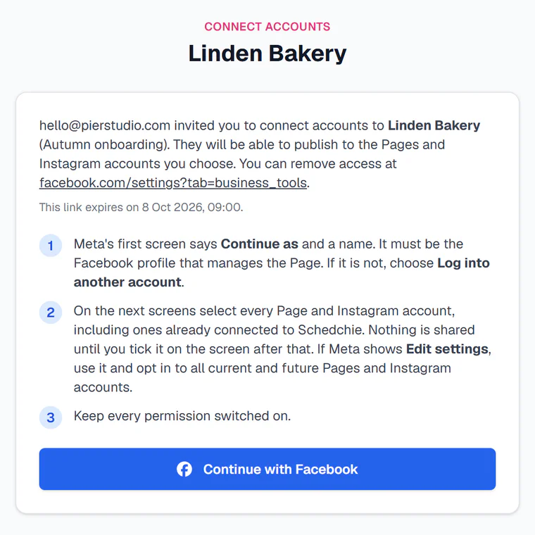 The page the client opens from the link: connect accounts to Linden Bakery, Continue with Facebook