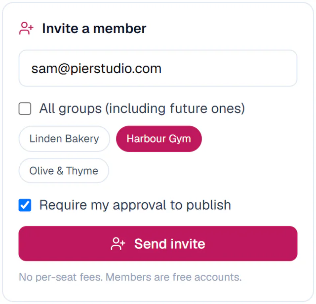 Invite a member: an email, the Harbour Gym Group picked, Require my approval to publish ticked