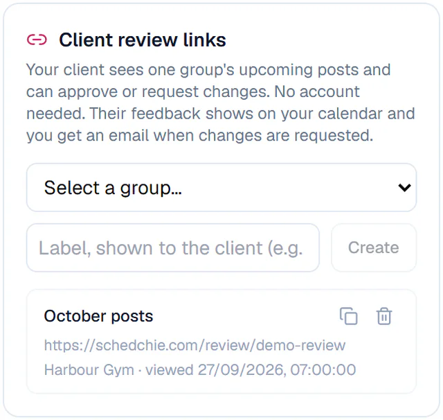 Client review links: one link per Group, with when the client last opened it