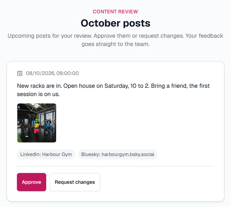 The review page a client opens from a link: an upcoming Harbour Gym post with Approve and Request changes, no login